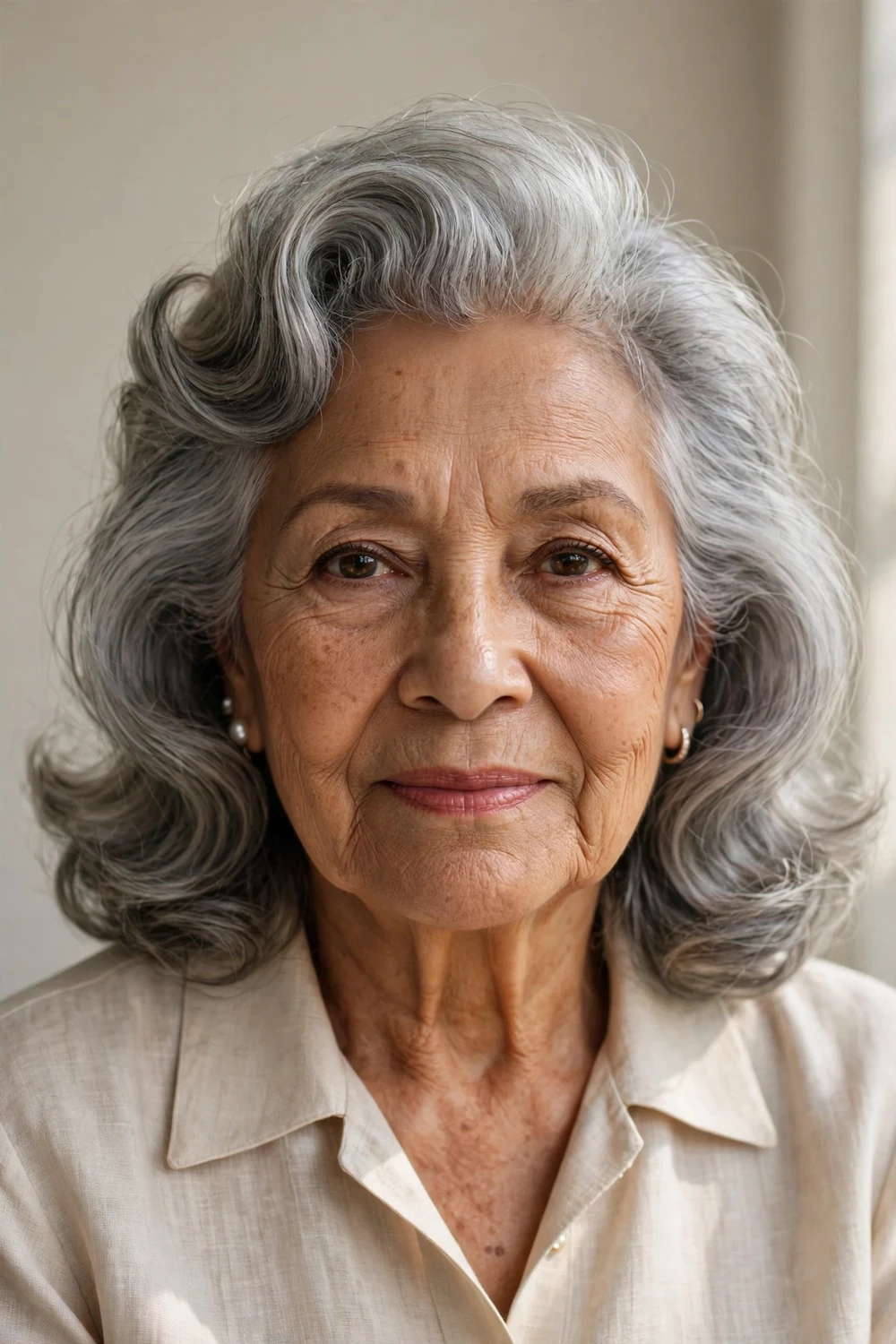 Latina woman in her 70s with soft vintage-inspired volume at the crown over shoulder-length gray hair