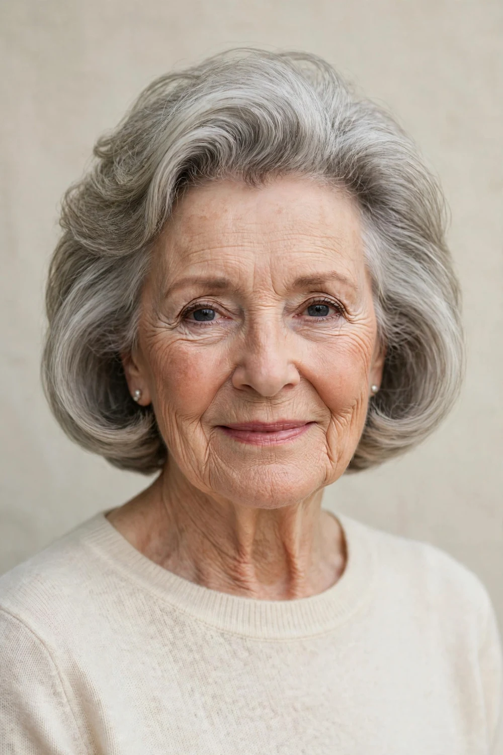 White woman in her 70s with soft bouffant volume at the crown over a chin-length gray bob
