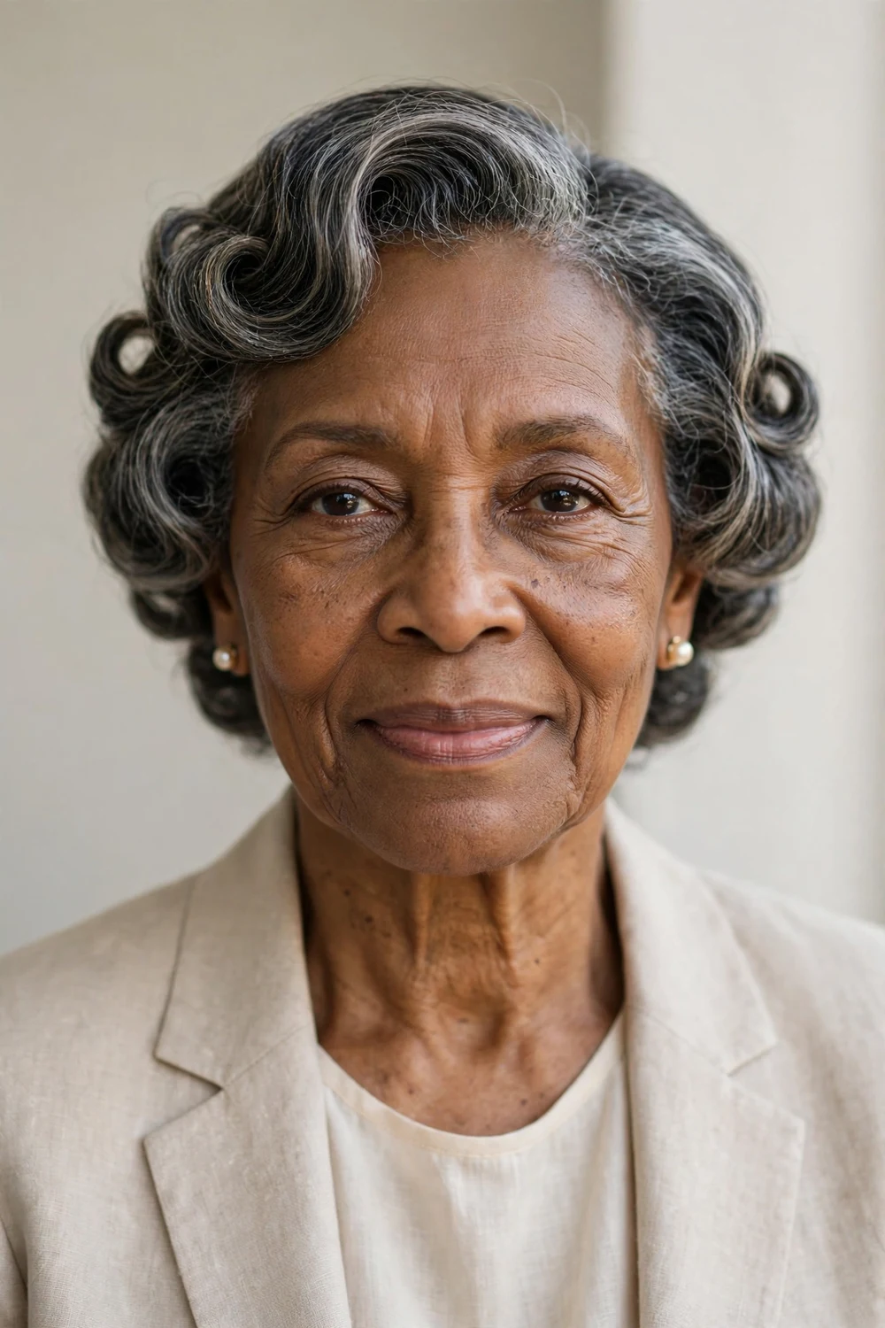 Older Black woman in her 70s with soft roller-set waves in short salt-and-pepper hair