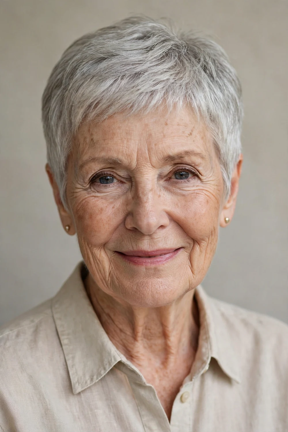 White woman in her late 70s with a classic tapered pixie cut, soft silver texture