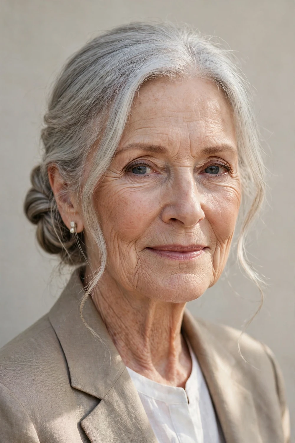 White woman in her 70s with a twisted bun at the nape and wispy face-framing pieces