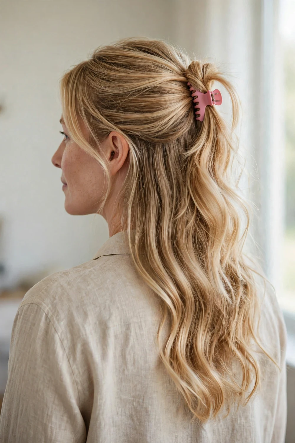 Woman with blonde long hair in a classic half-up half-down style secured with a small pink claw clip