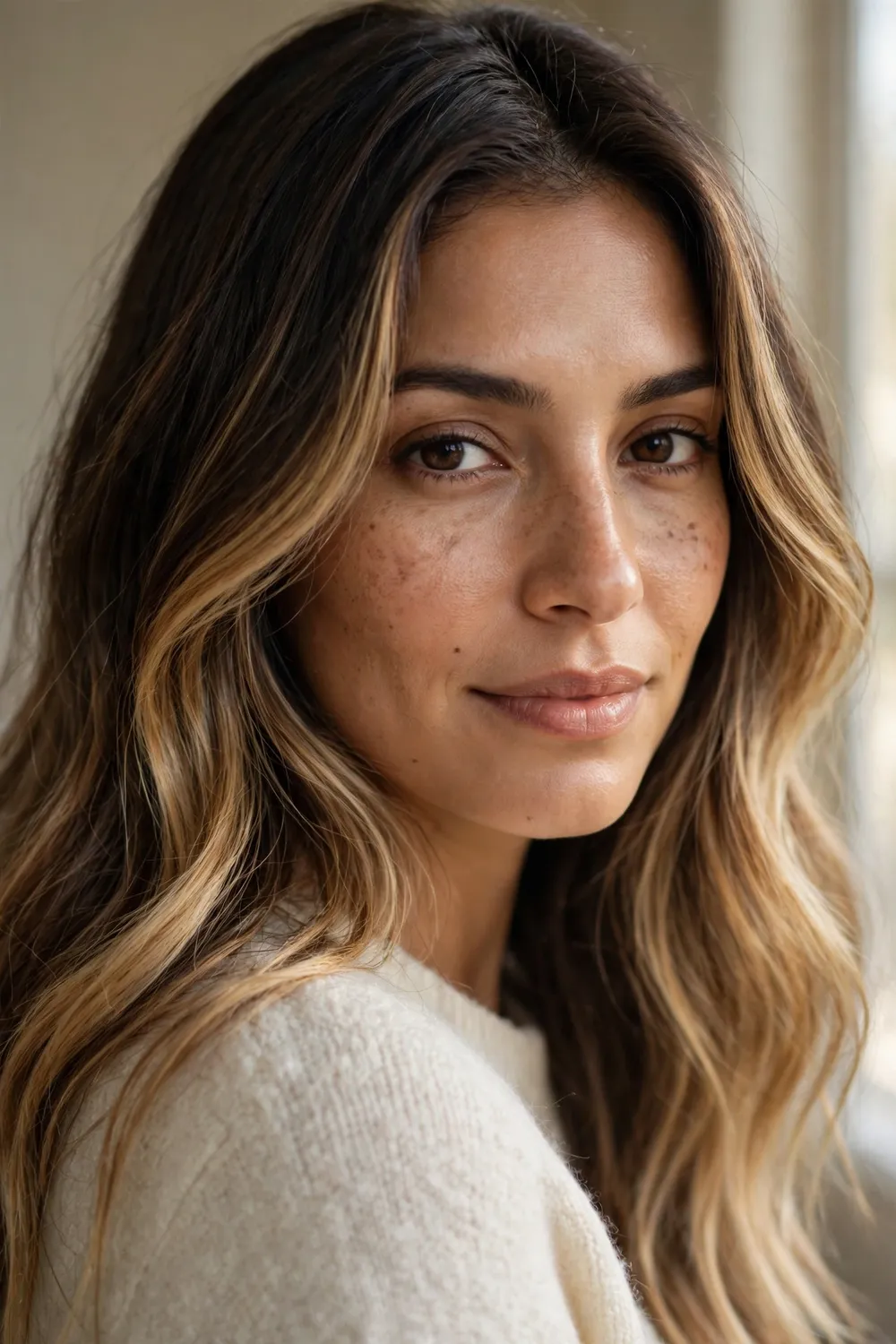 Woman with long dark brown hair showing classic honey blonde balayage with warm golden ribbons