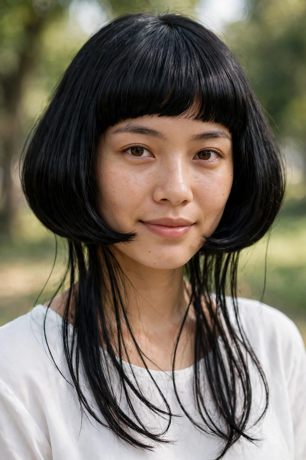 Woman with a classic jellyfish haircut with rounded top and long layers