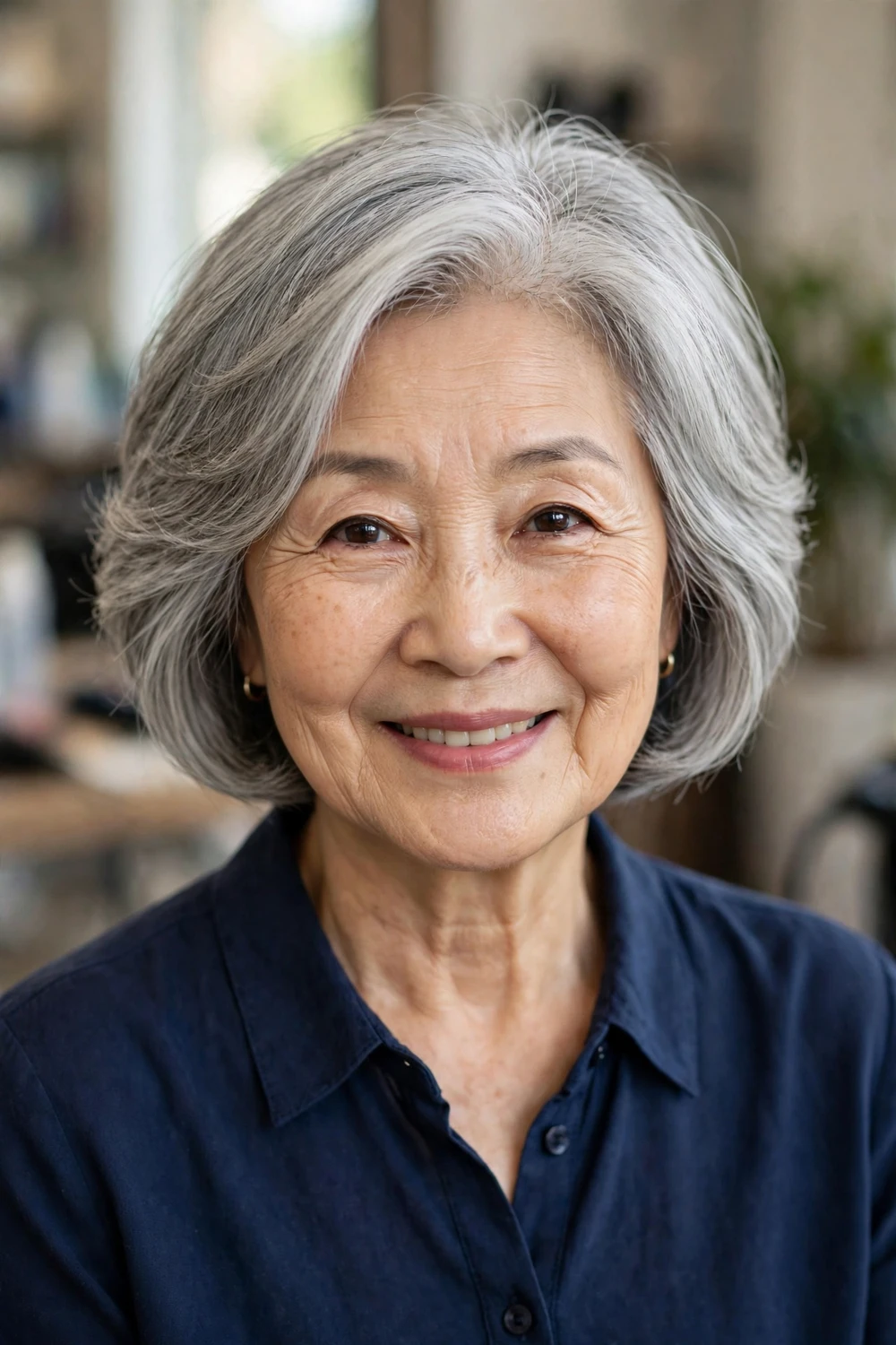 Mature woman with silver classic layered bob with piece-y layers