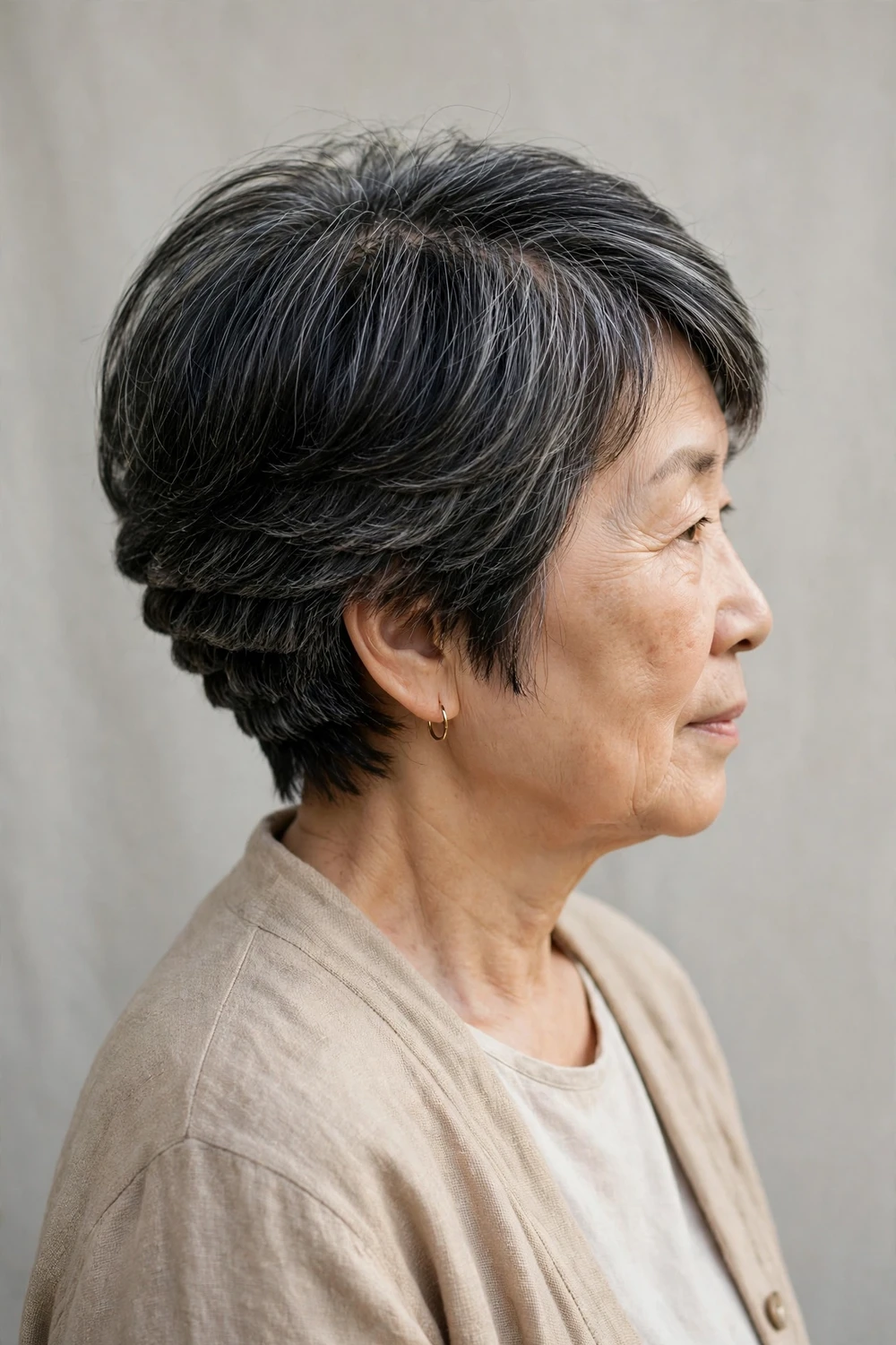 Woman in her 50s with a classic layered wedge haircut with graduated volume for thin hair