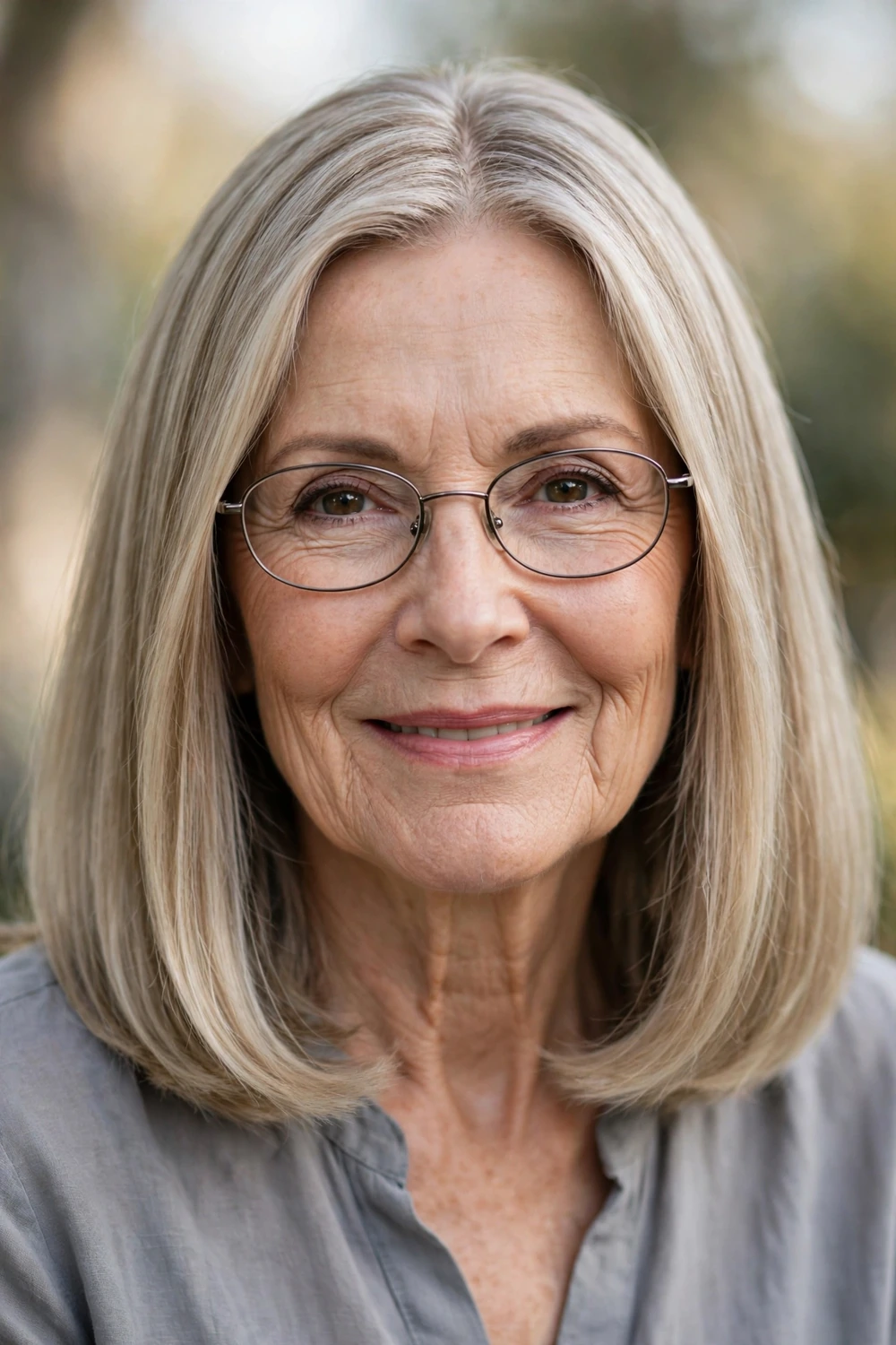 Classic lob haircut on a woman over 60 with glasses