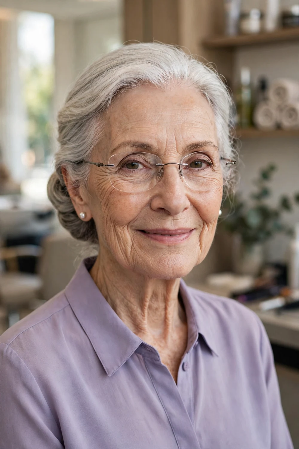Classic low updo on a woman over 60 wearing glasses