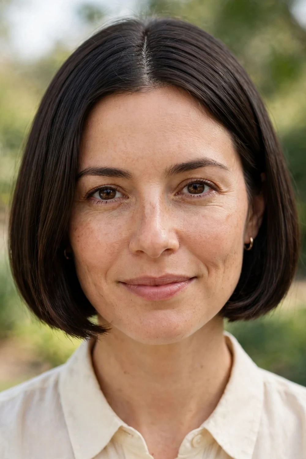 Woman with a classic micro bob haircut above the jawline