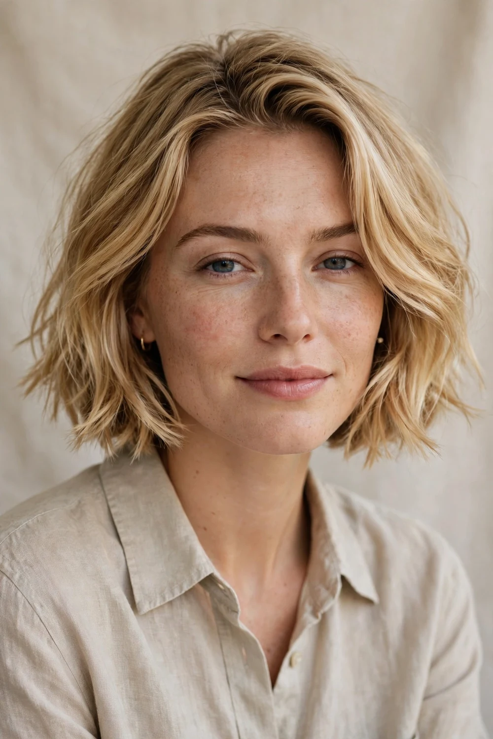 Woman with a classic parisian french bob at jaw length with wispy ends