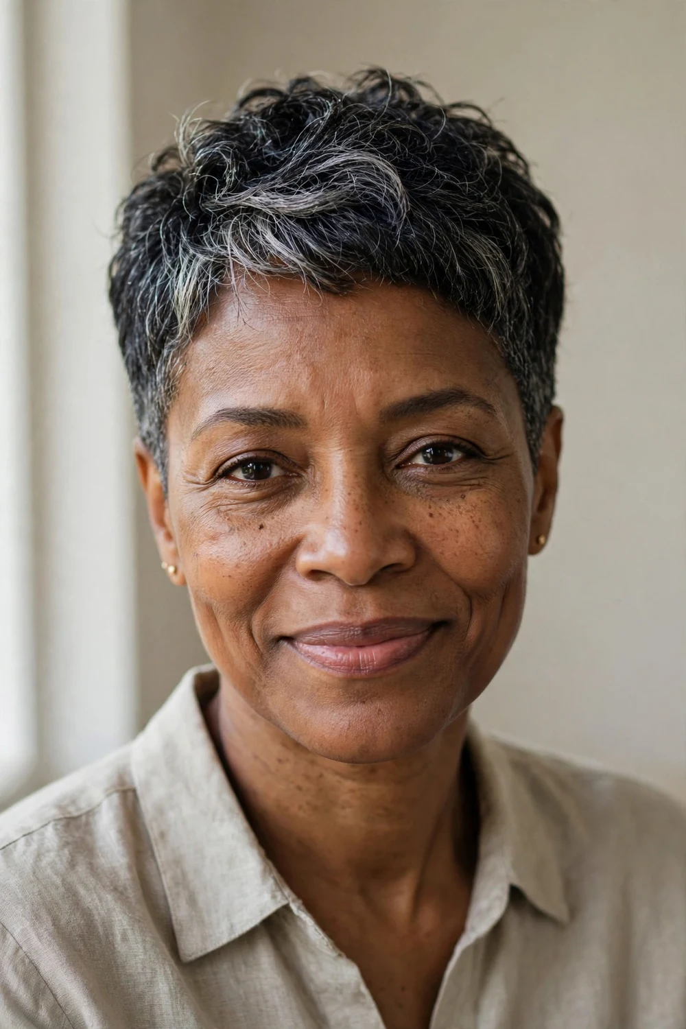 Older Black woman with a classic short pixie cut on natural hair