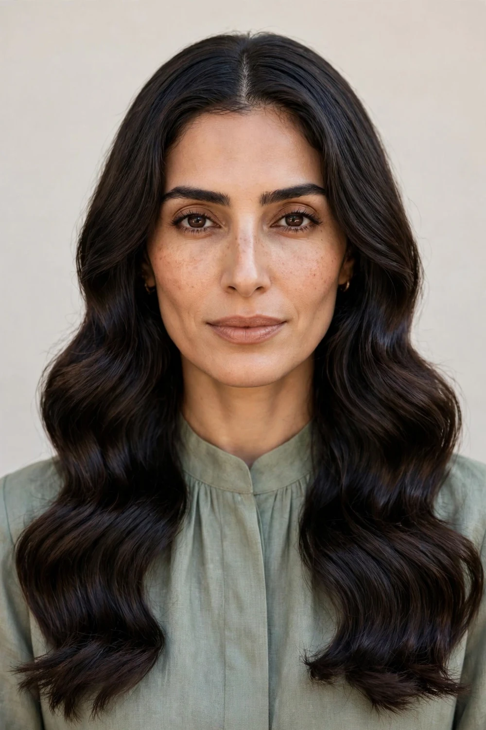 Middle Eastern woman in her mid thirties with an oblong face and long dark hair in polished S-shaped waves