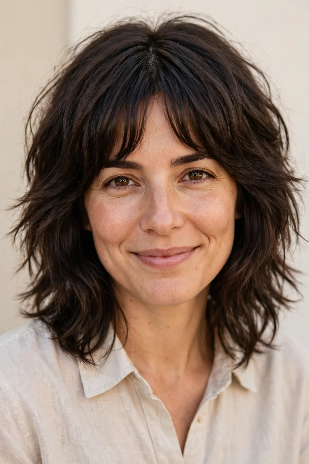 Classic shag haircut with curtain bangs on medium-length layered hair