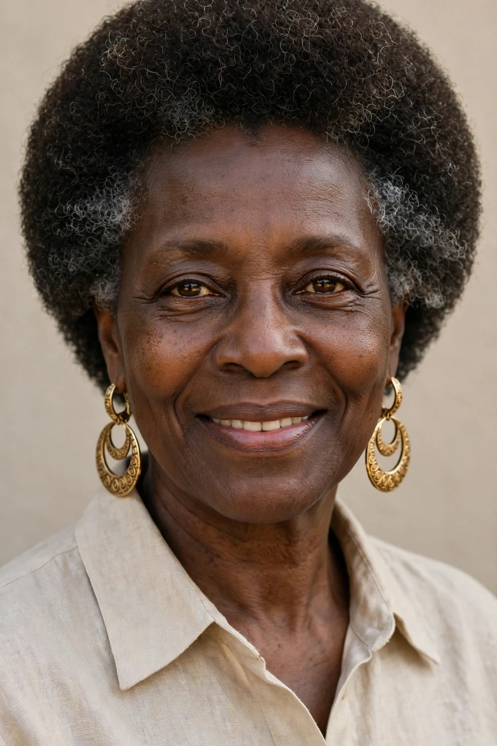 Older Black woman with a classic rounded short afro