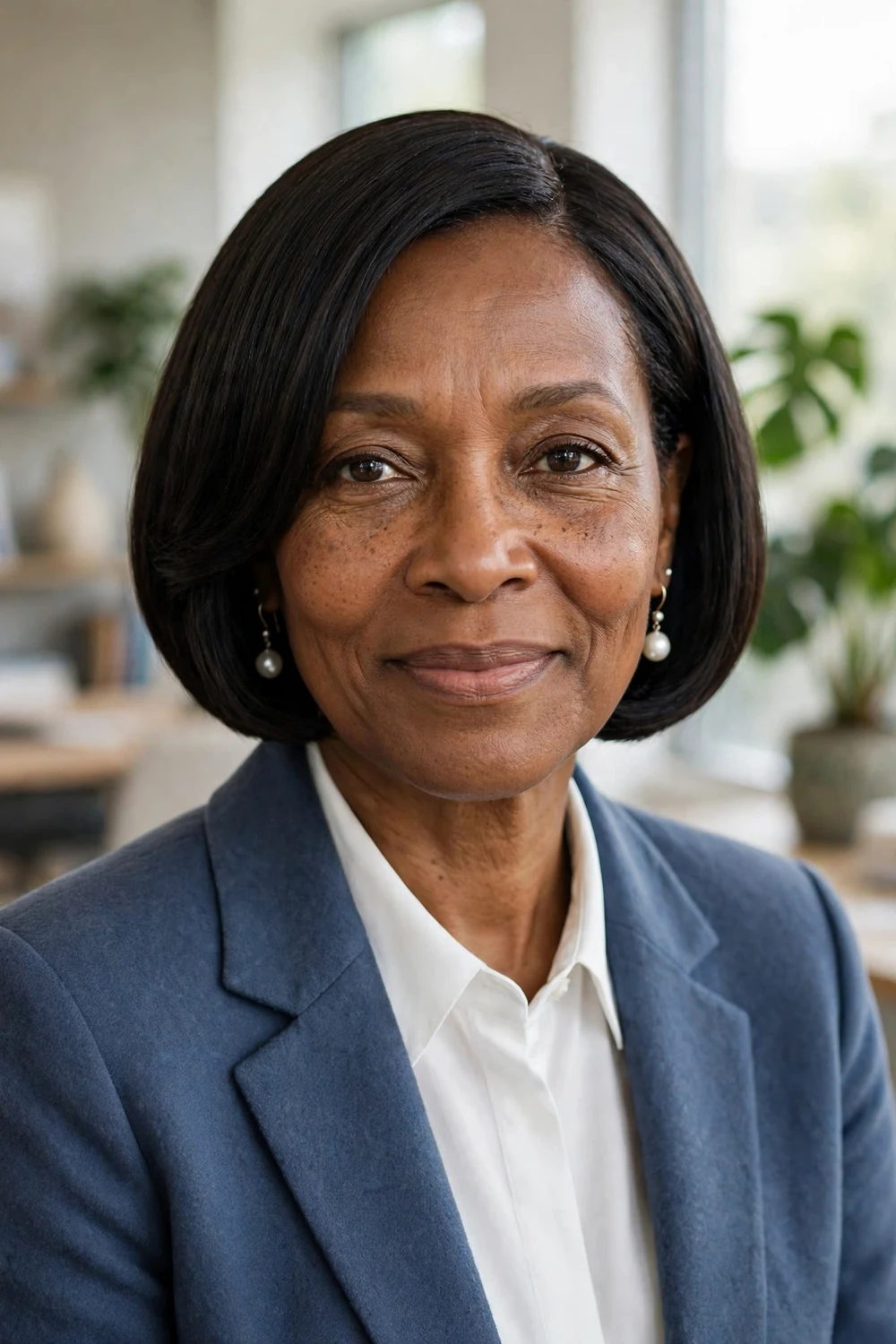 Older Black woman with a classic short bob on relaxed hair