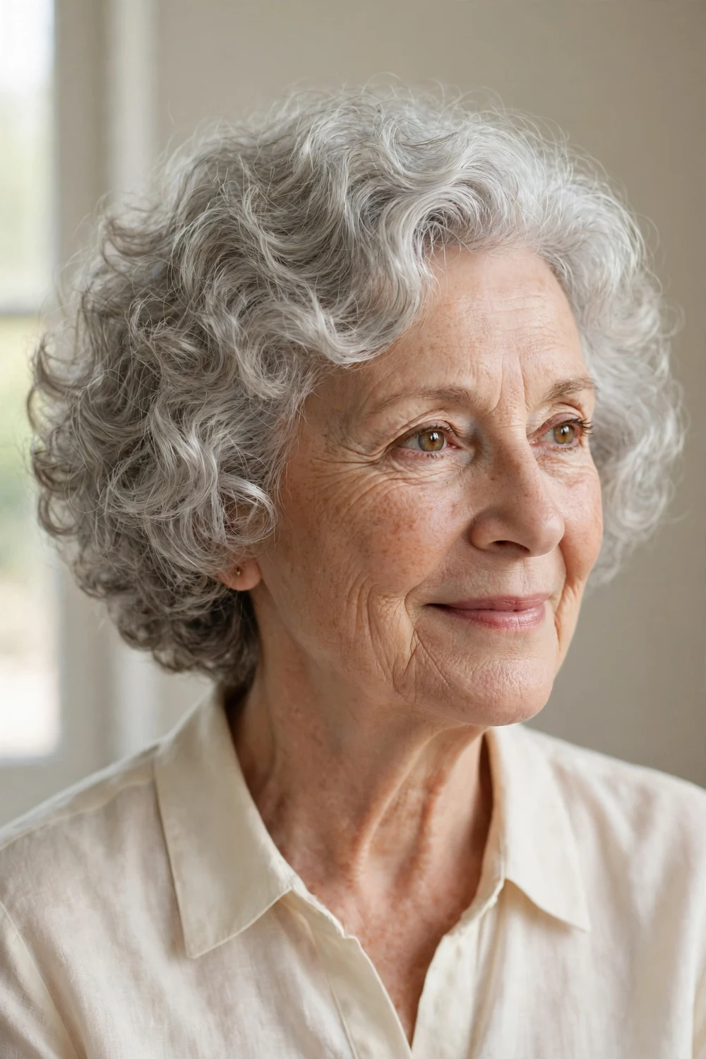 Classic short curly bob with soft rounded volume on a woman over 60