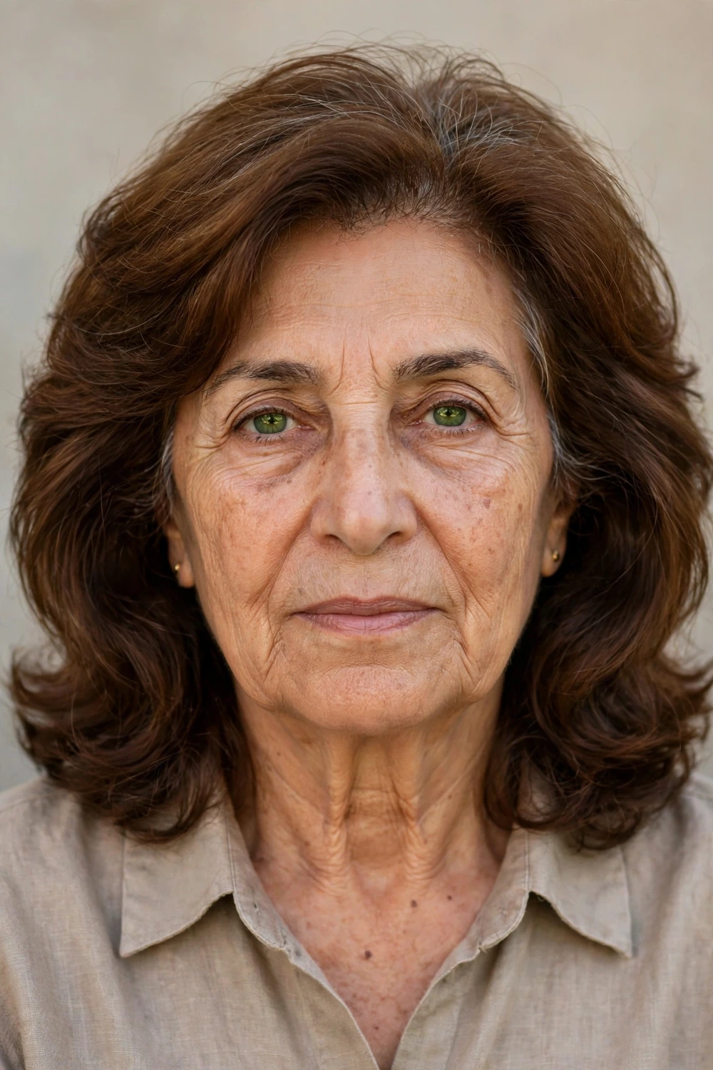 Woman in her early 70s with classic shoulder-length cut and soft layers, front view