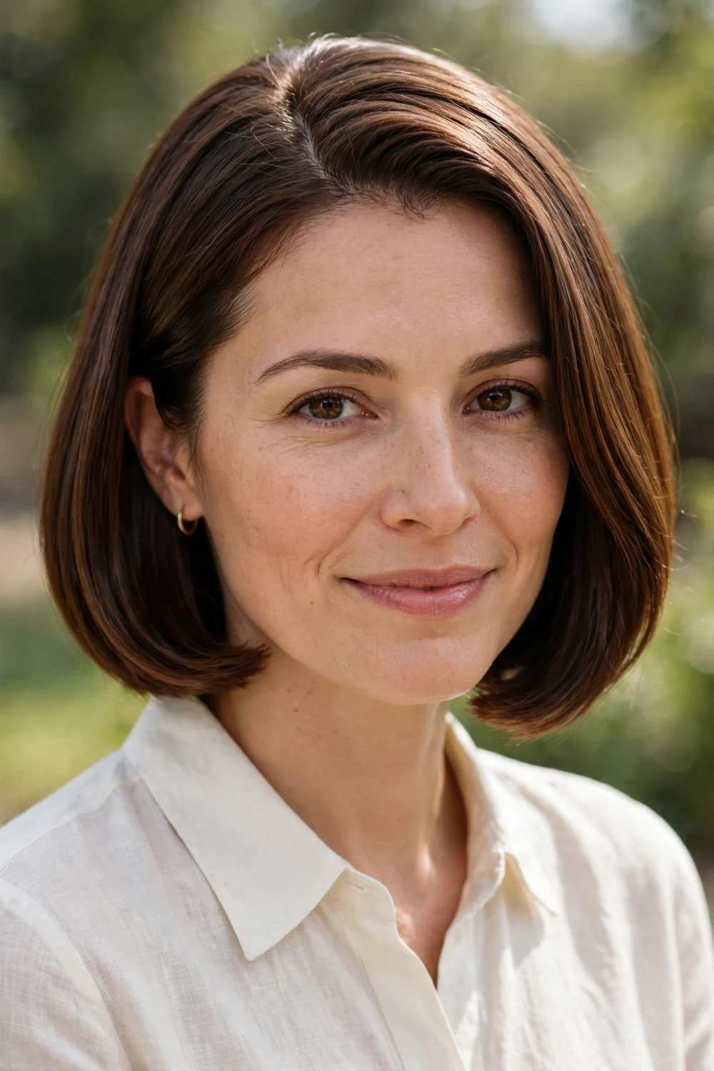 Woman with a classic sleek Italian bob haircut with smooth full ends