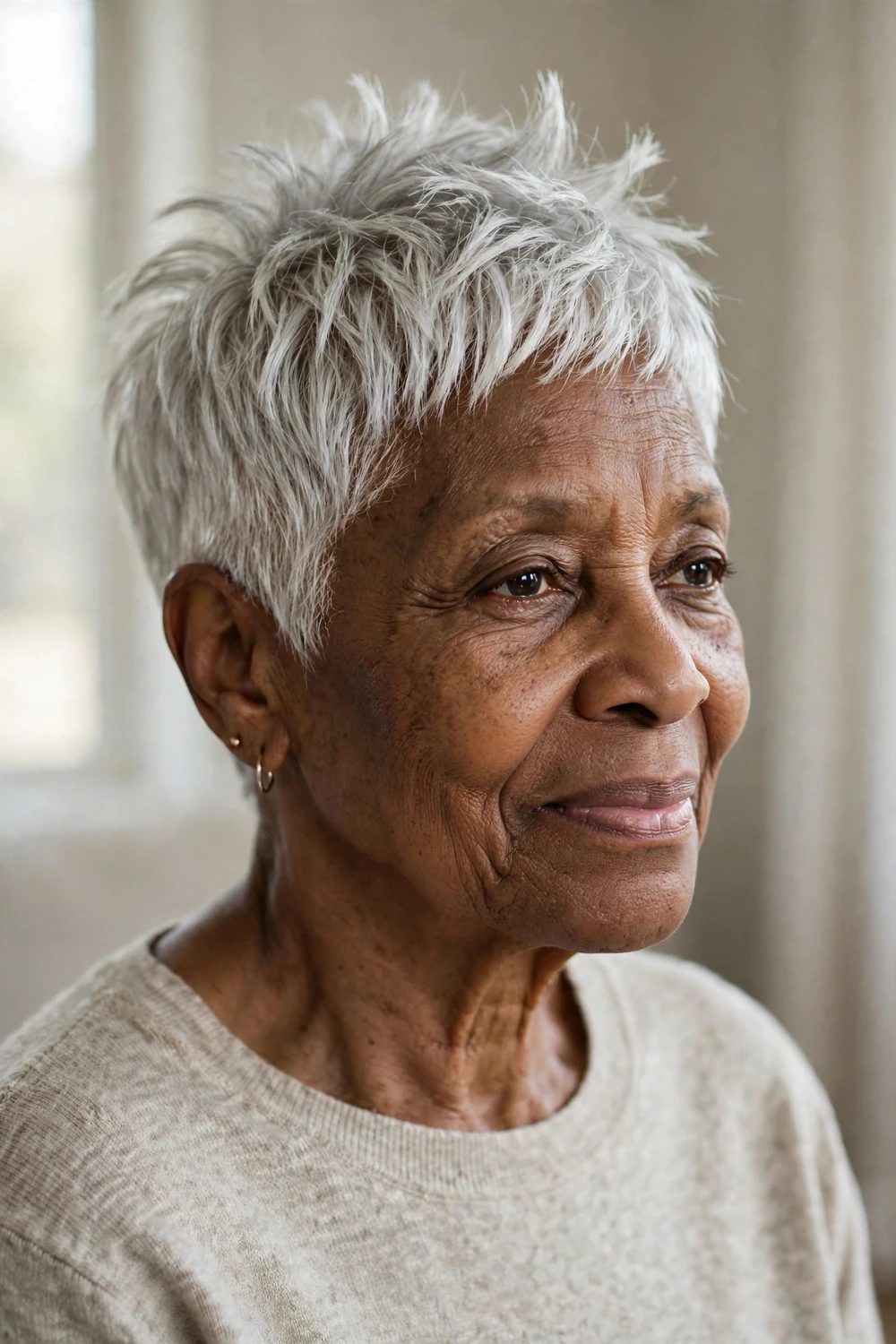 Classic spiky silver pixie haircut for women over 70
