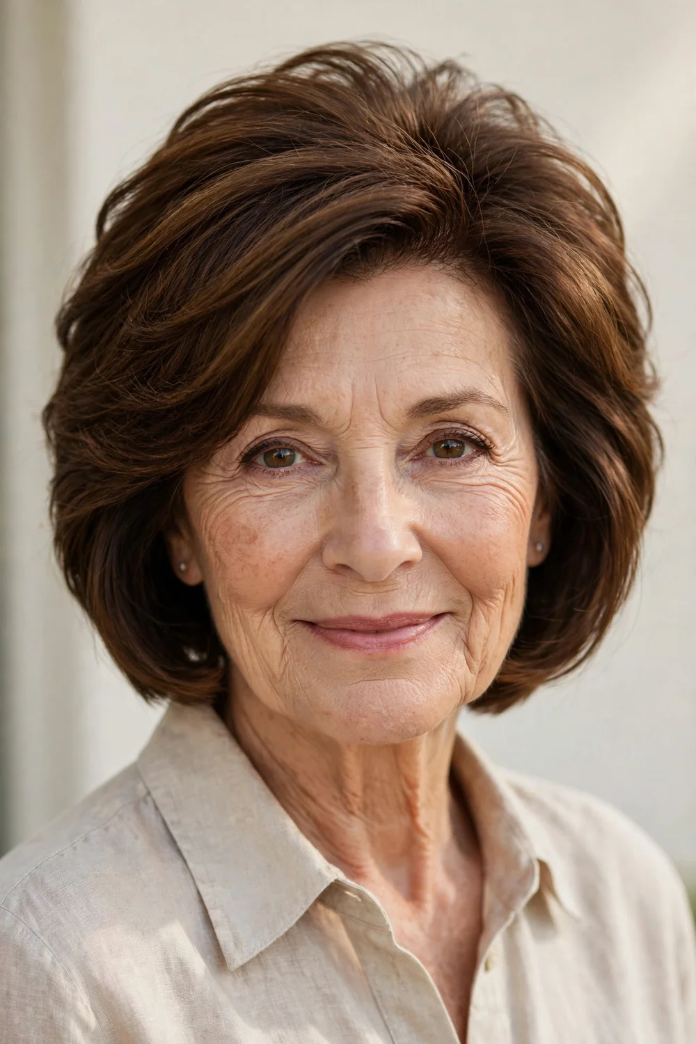 Classic stacked bob haircut with graduated nape on a woman over 60