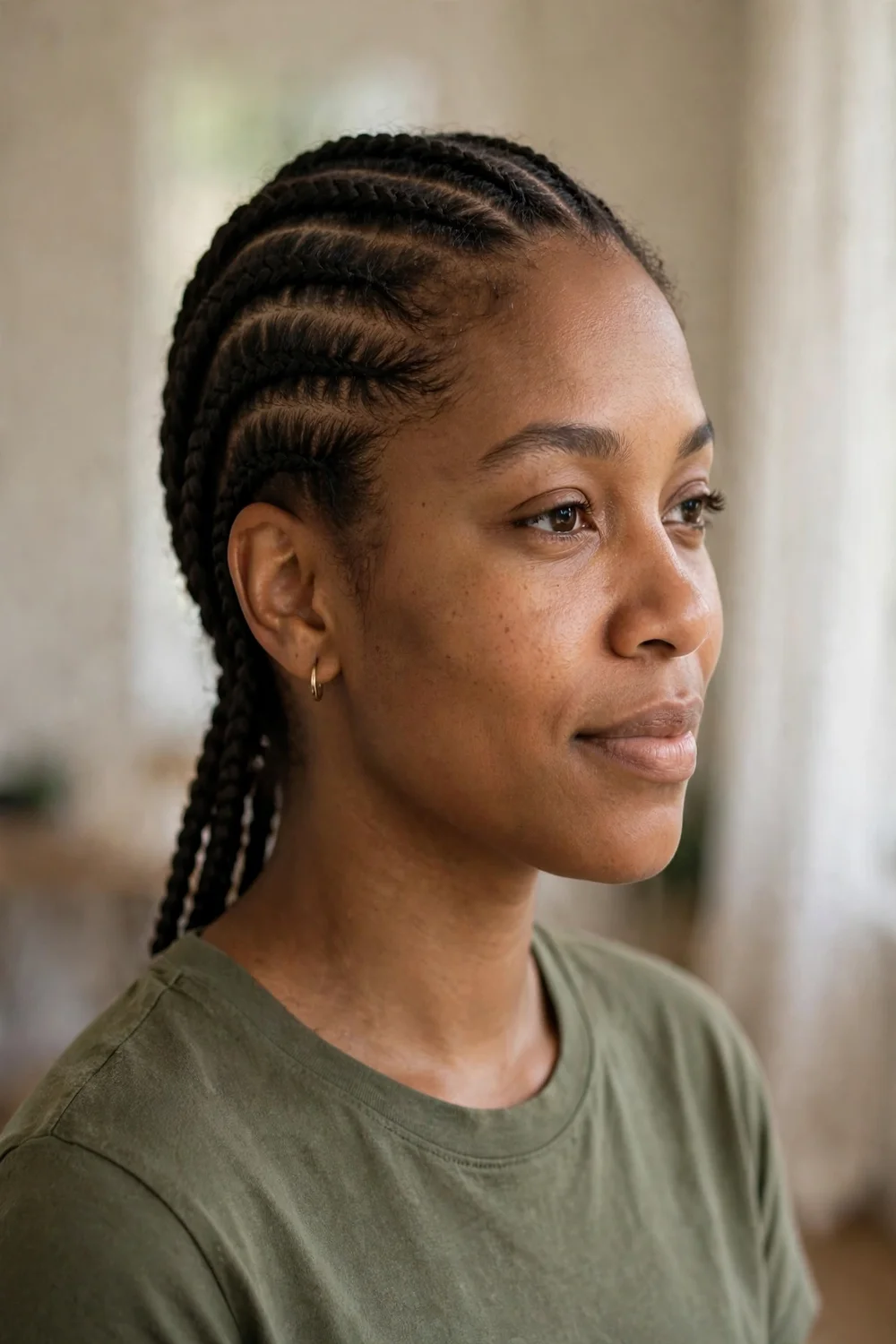 Classic straight-back cornrows on a Black woman
