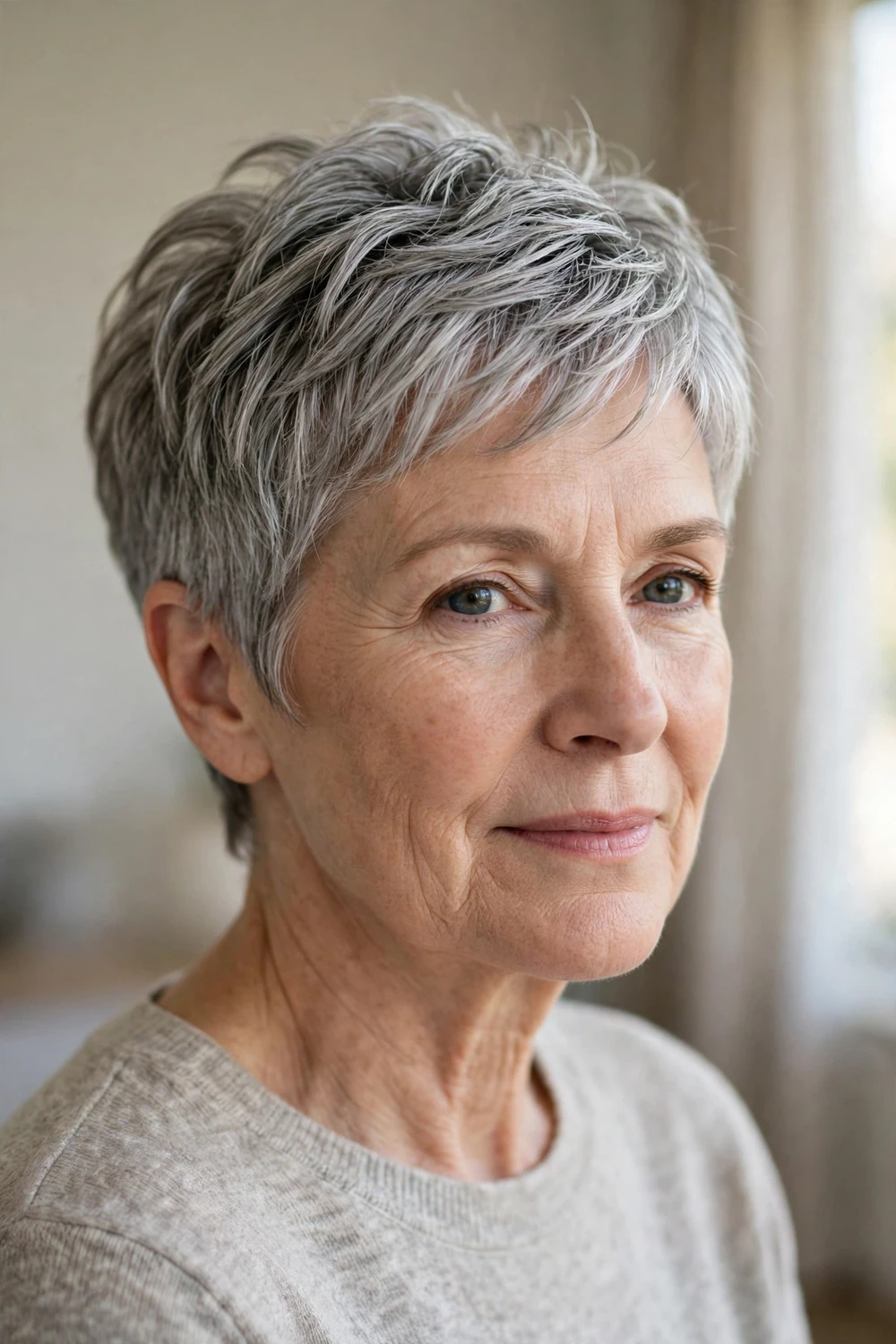 Classic textured silver pixie haircut on a woman over 50