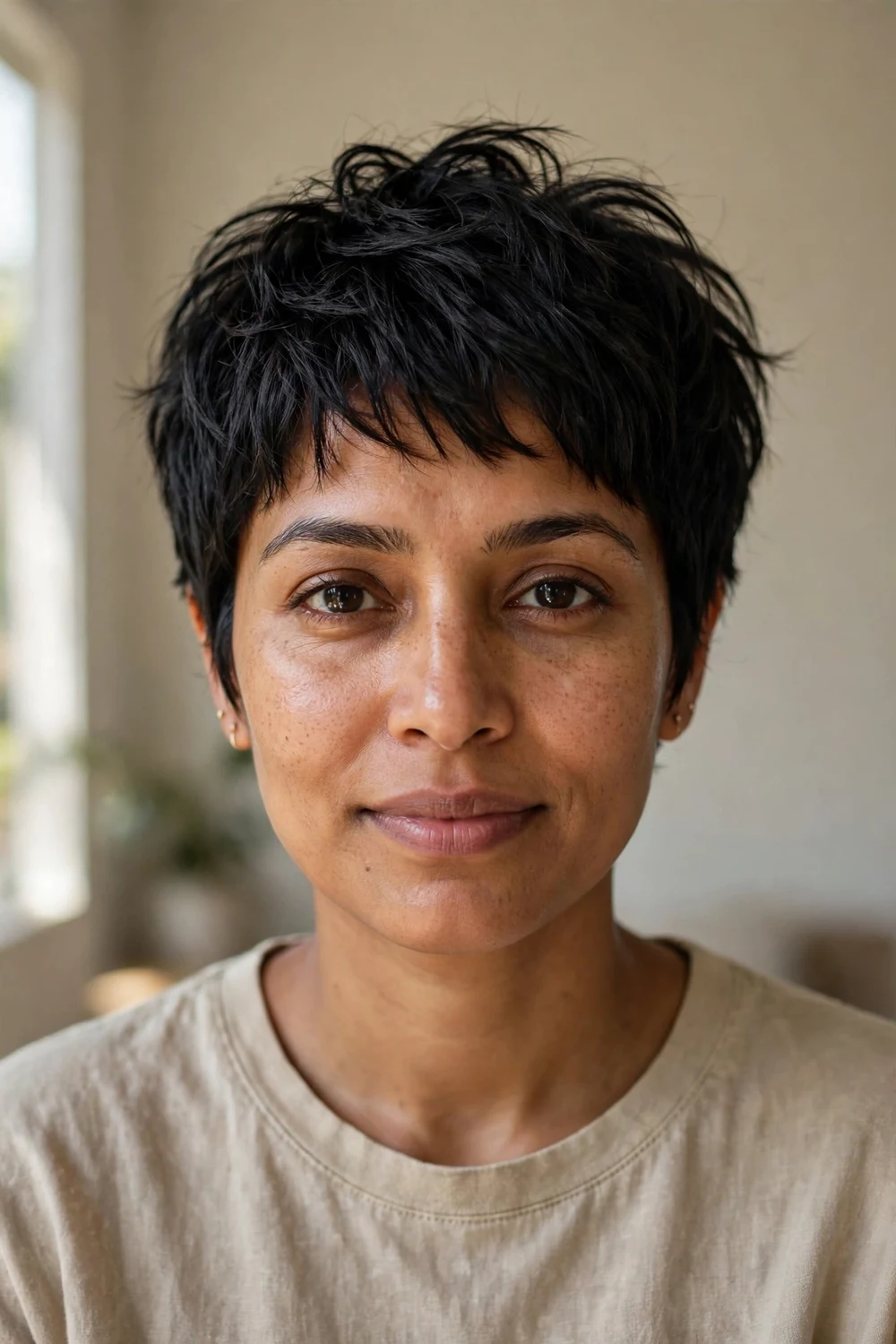 Classic tousled choppy pixie with piece-y uneven layers on a woman with black hair