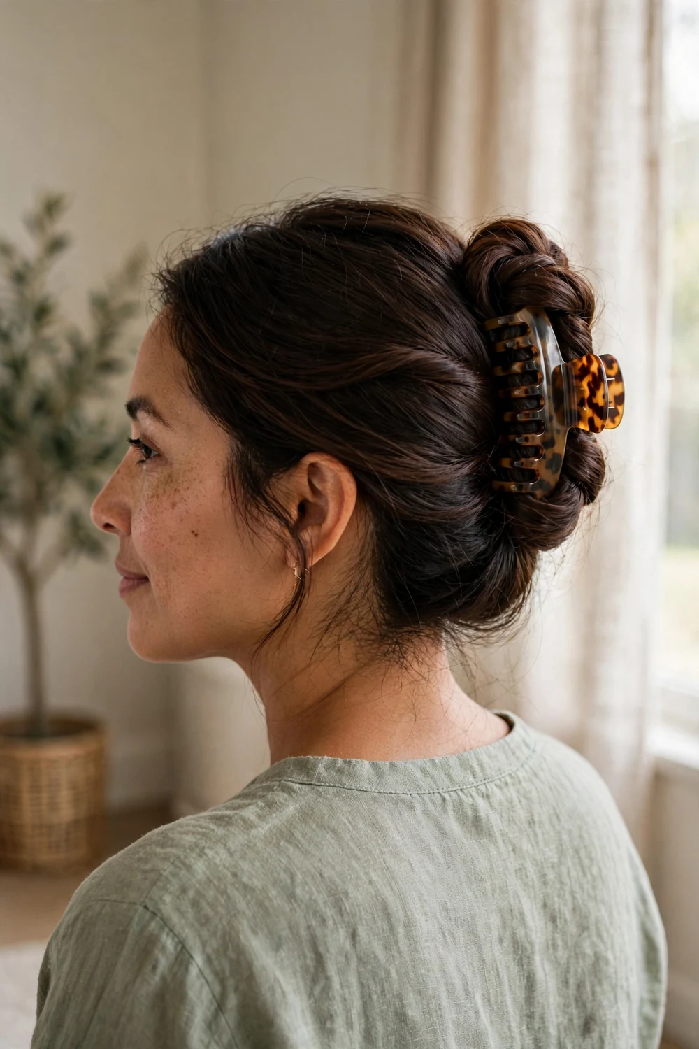 Woman with dark brown long hair in a classic twisted updo held by a large tortoiseshell claw clip