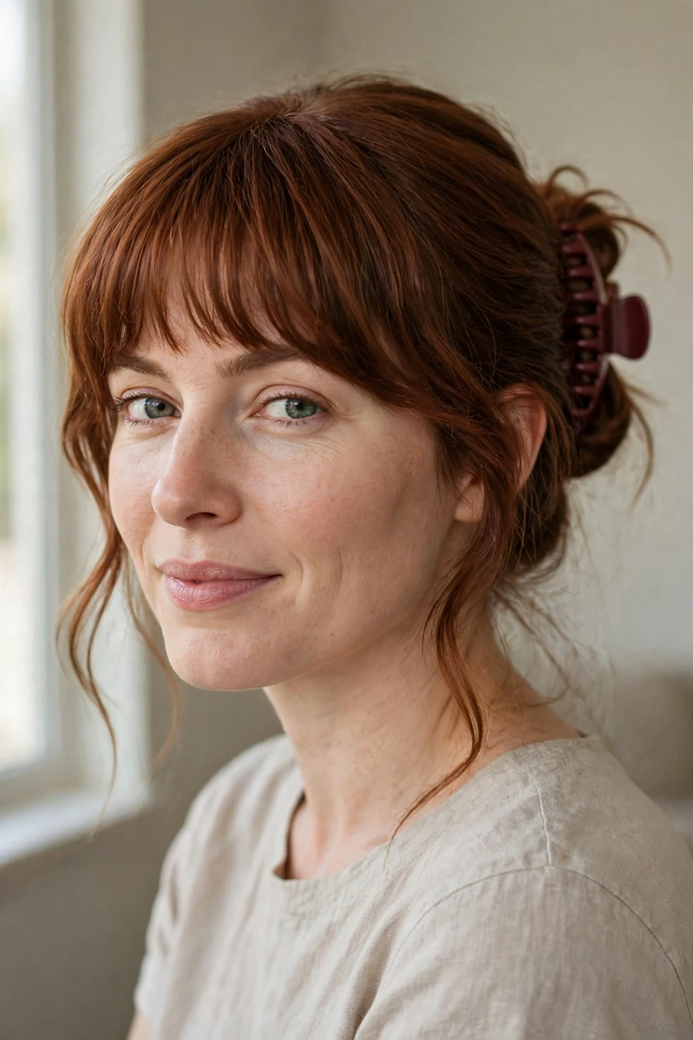 Woman with auburn wavy hair and full bangs swept into a loose twist held with a medium burgundy claw clip