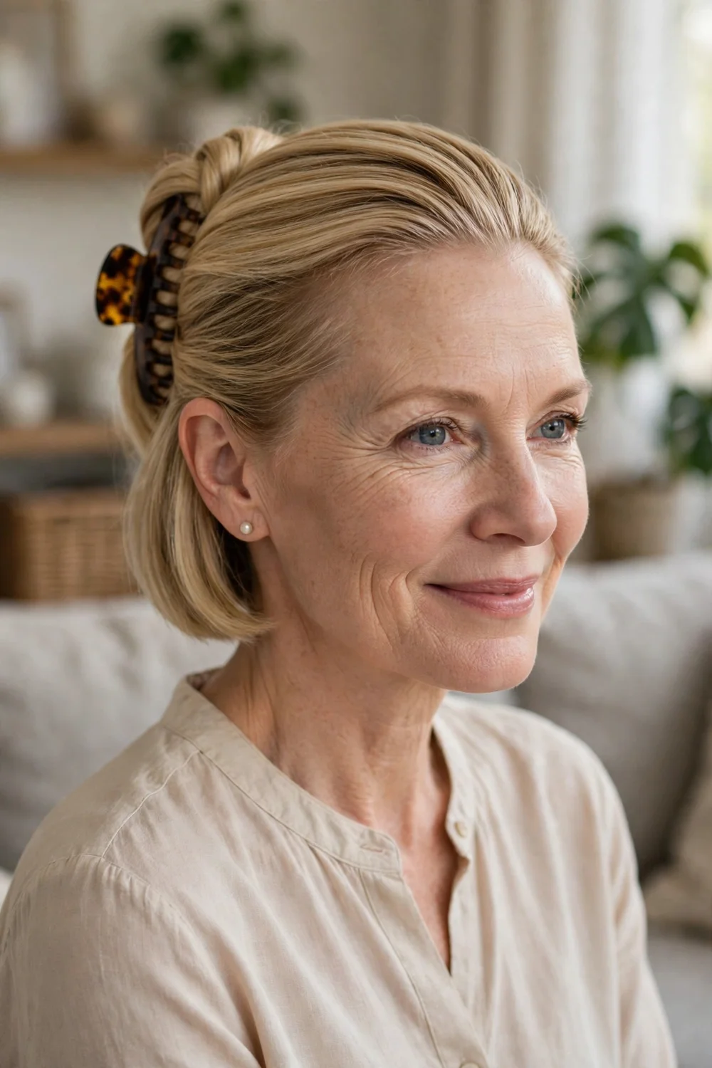 Woman in her fifties with a blonde bob in a claw clip slick back twist with a tortoiseshell clip