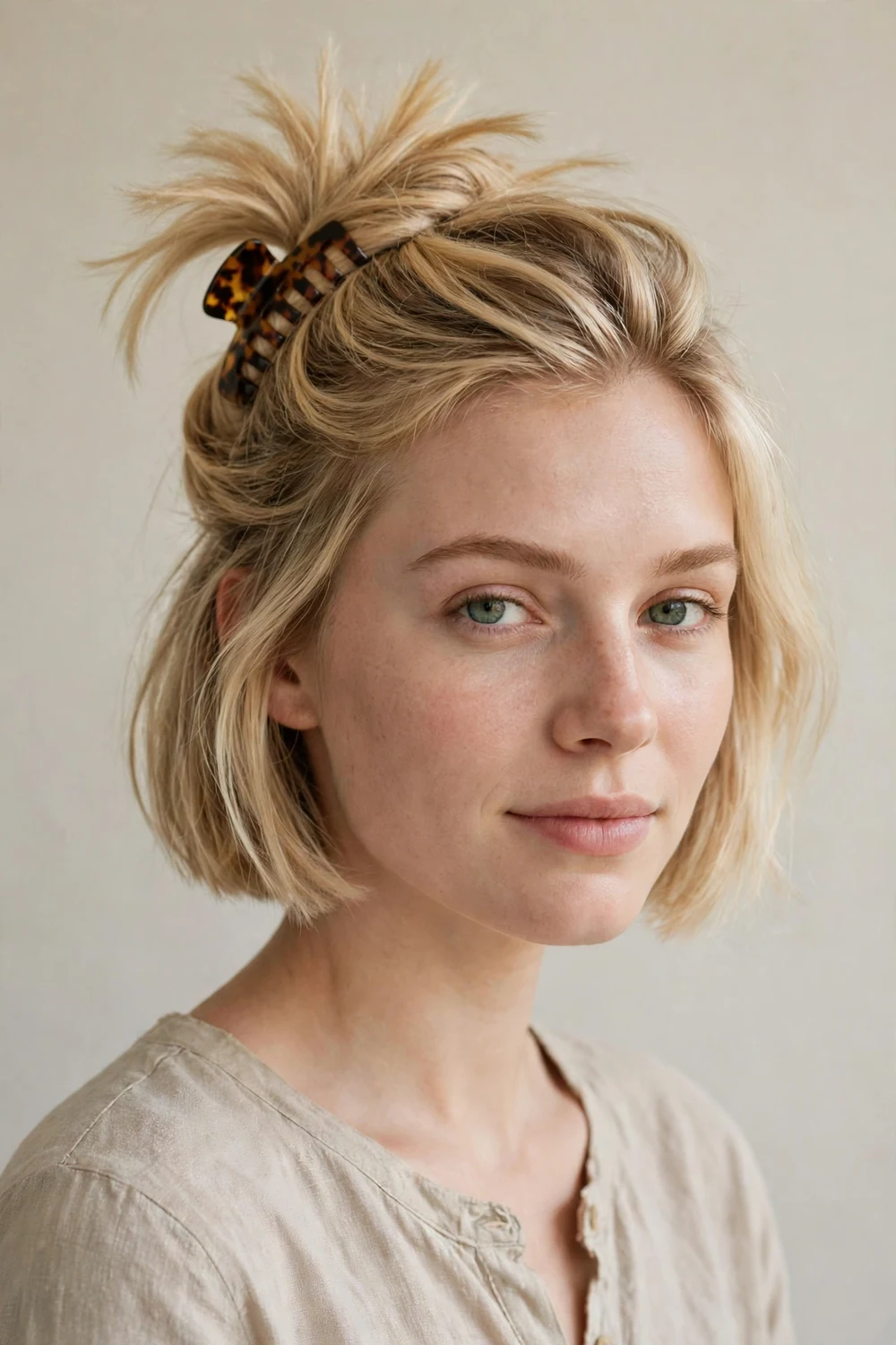 Woman in her thirties with a blonde bob twisted up into a claw clip