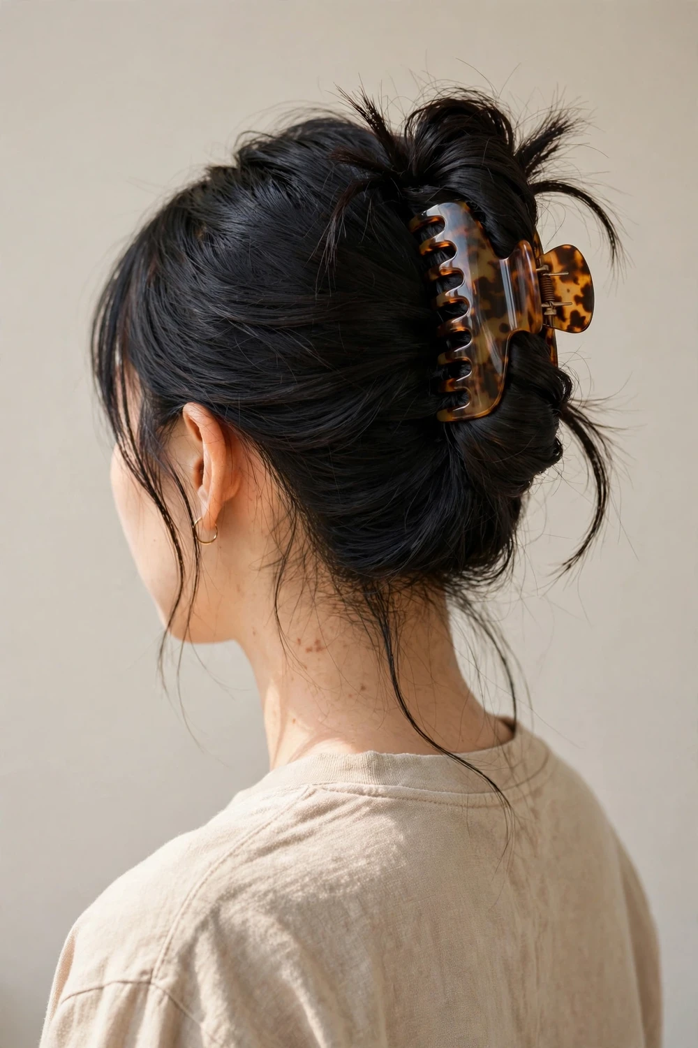Woman with black hair twisted up and secured with a large tortoiseshell claw clip, back view