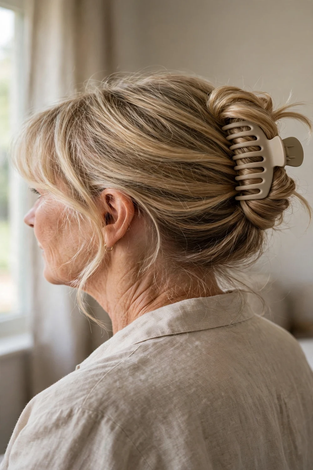 Woman over 50 with a claw clip updo in layered hair