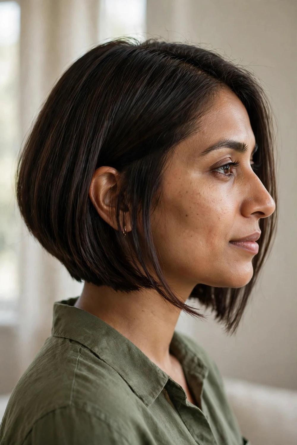 Angled A-line bob, shorter in back and longer in front, on thin hair