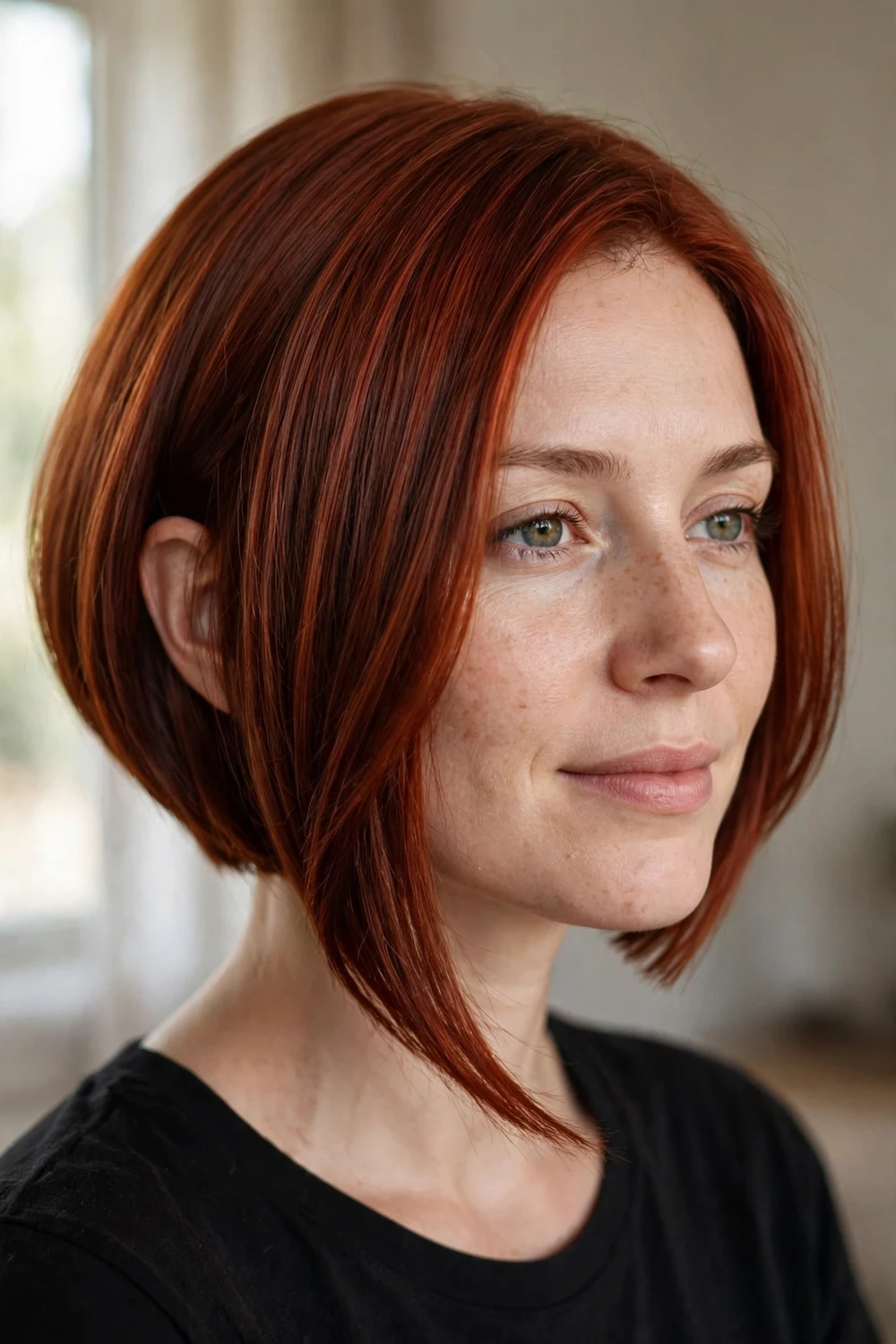 Asymmetrical bob with one side longer than the other on thin hair