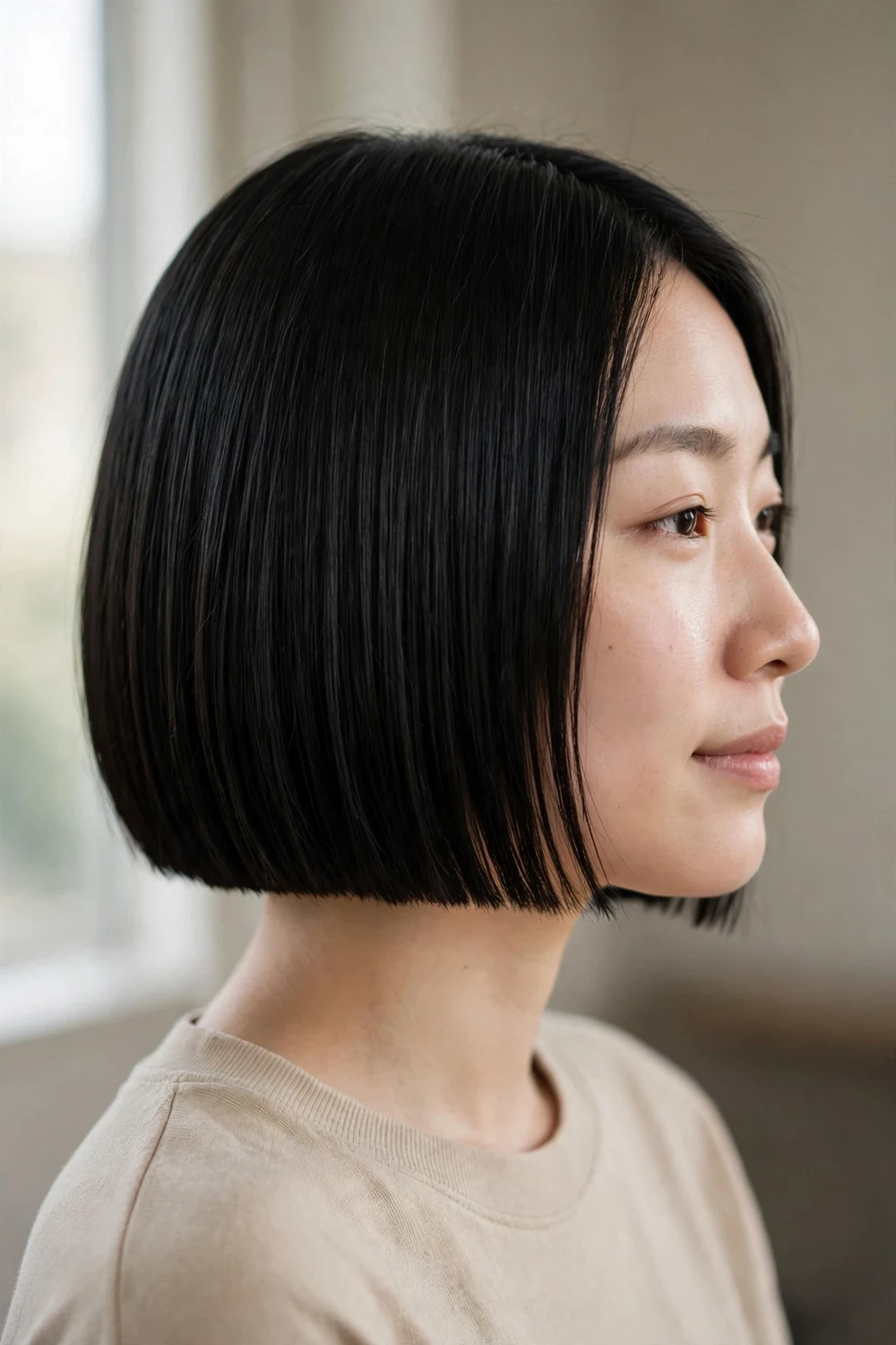Blunt chin length bob with sharp straight-across ends for thin hair