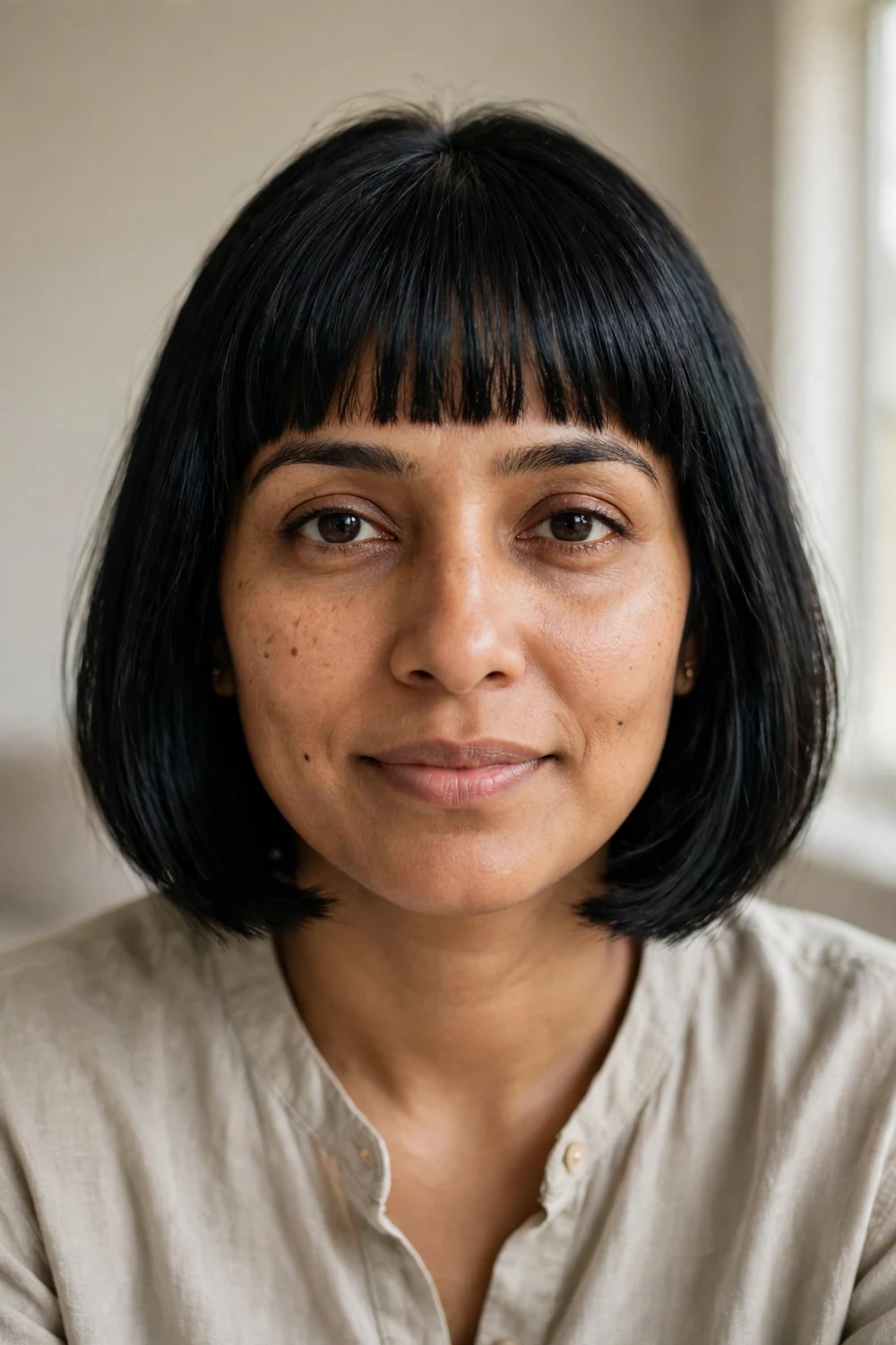 Chin length bob with straight-across bangs on thin hair