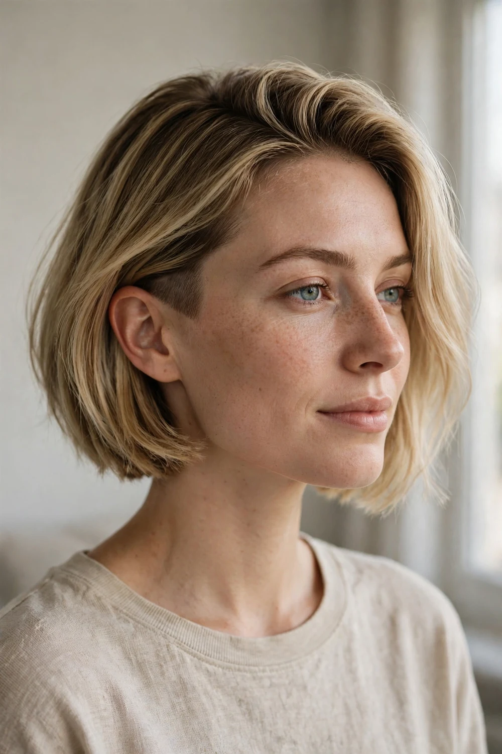 Chin length bob with hidden undercut for thin hair