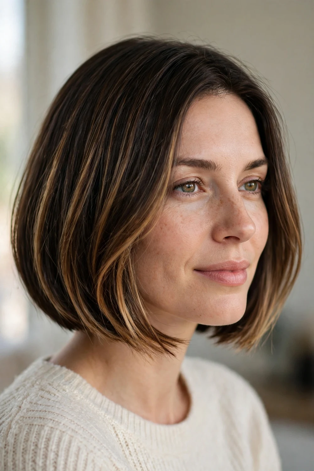 Chin length bob with dimensional highlights for thin hair