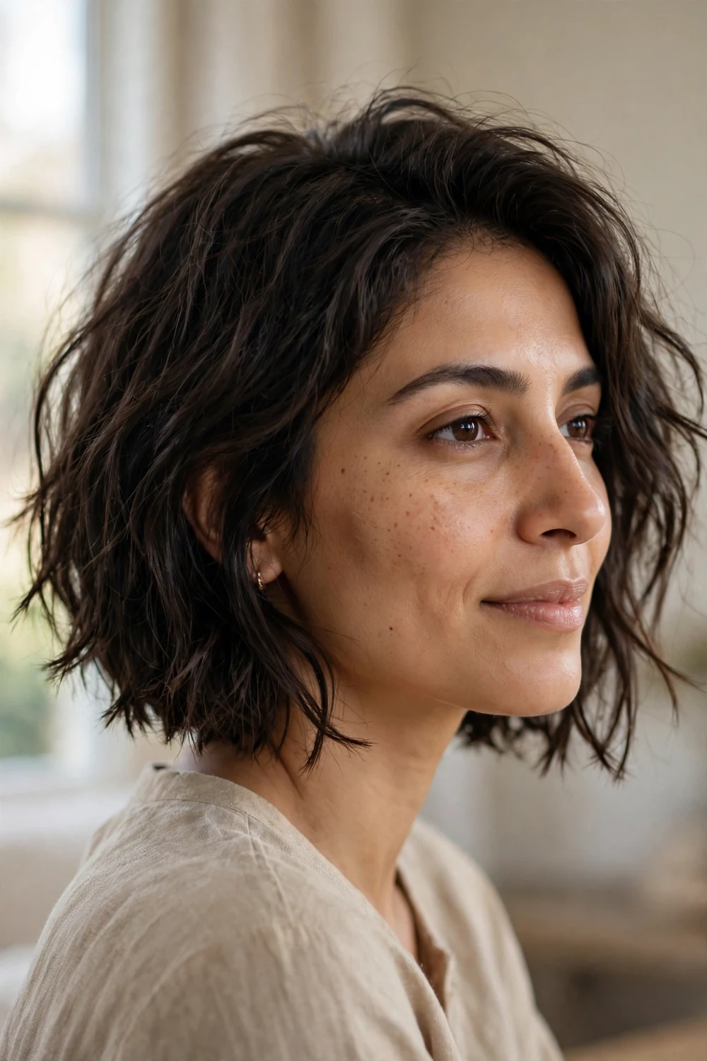 Choppy textured bob with piecey ends for thin hair