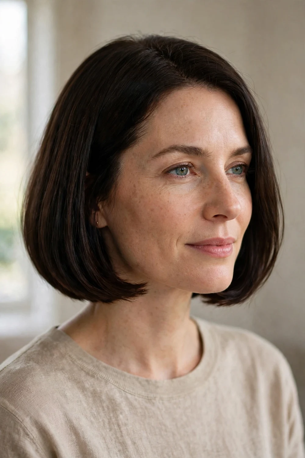 Classic chin length bob on thin hair with a clean polished finish
