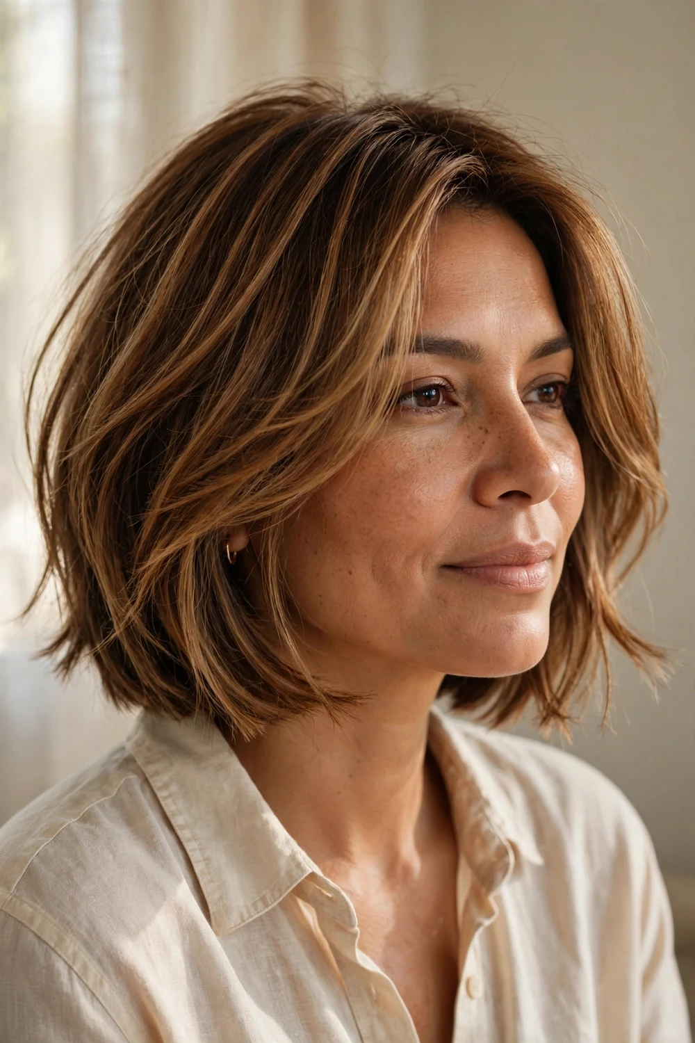 Chin length bob with face framing layers for thin hair