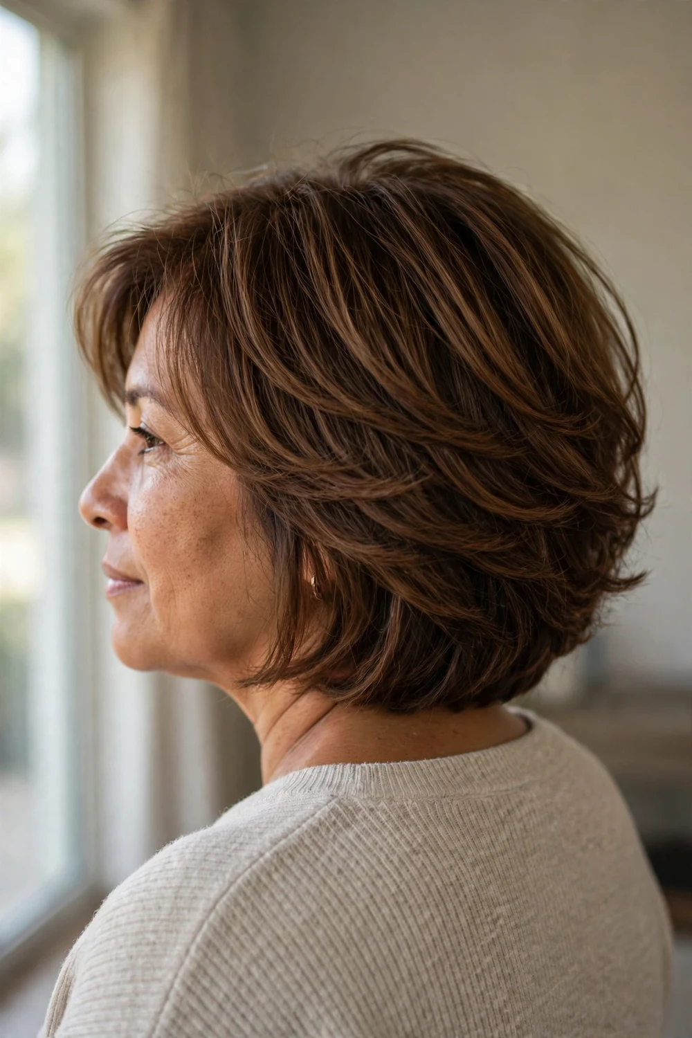 Layered chin length bob with soft layers adding movement for thin hair