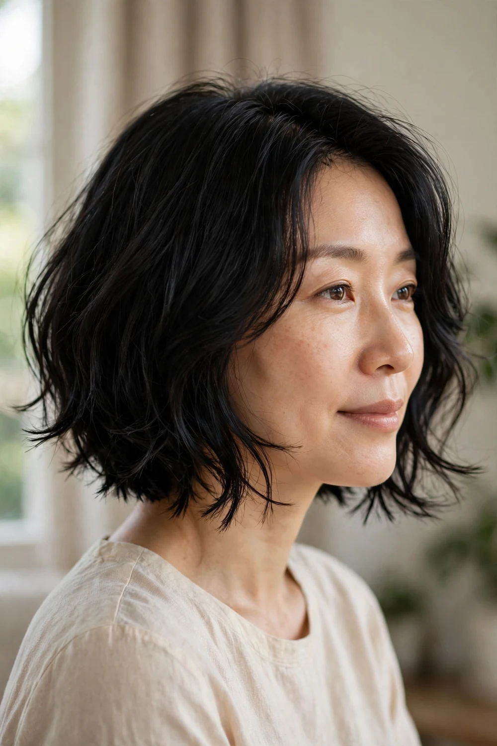 Razored bob with soft feathered ends on thin hair