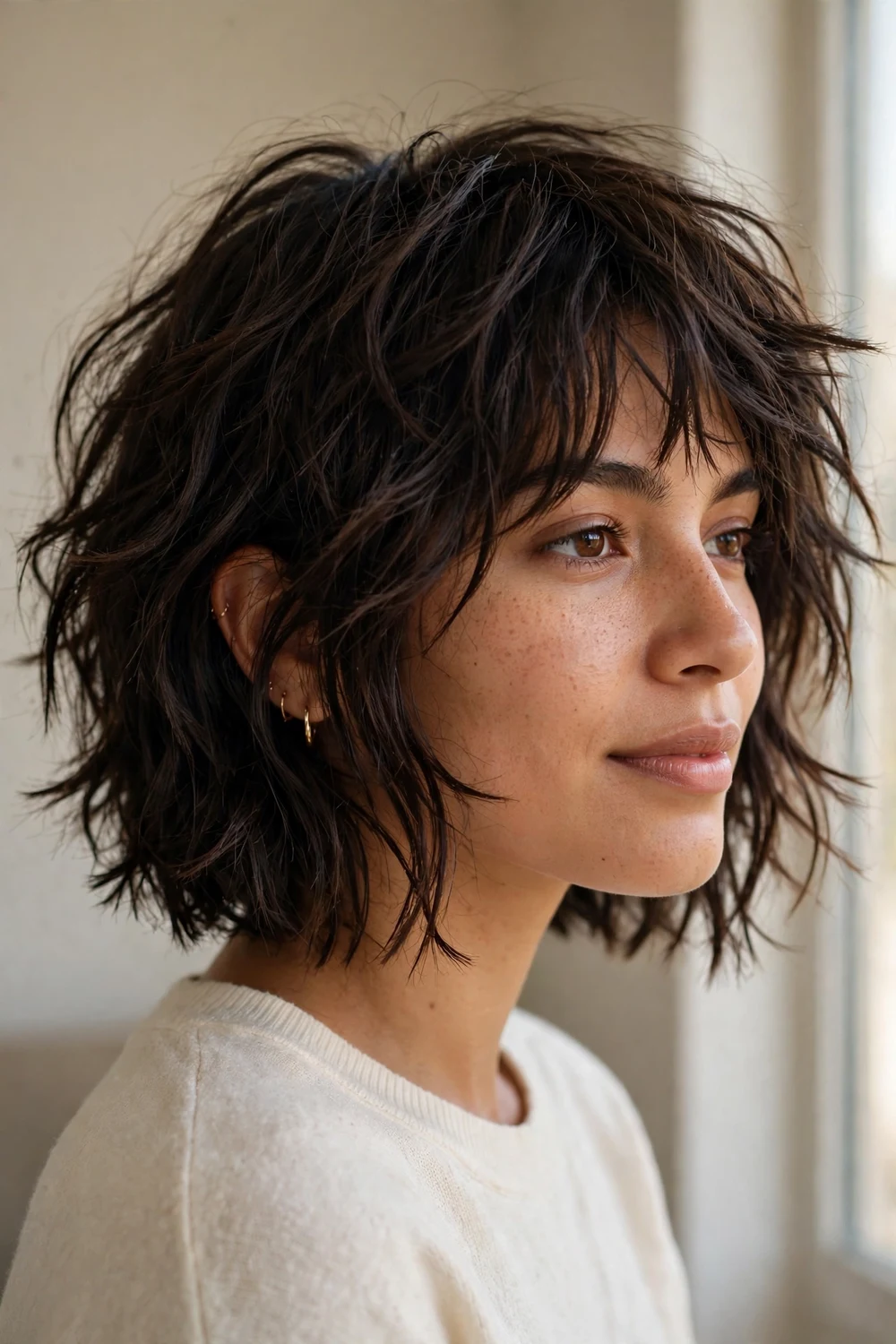 Shaggy bob with choppy layers for thin hair