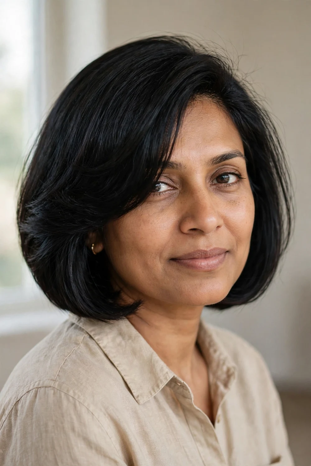 Side swept chin length bob with deep side part for thin hair