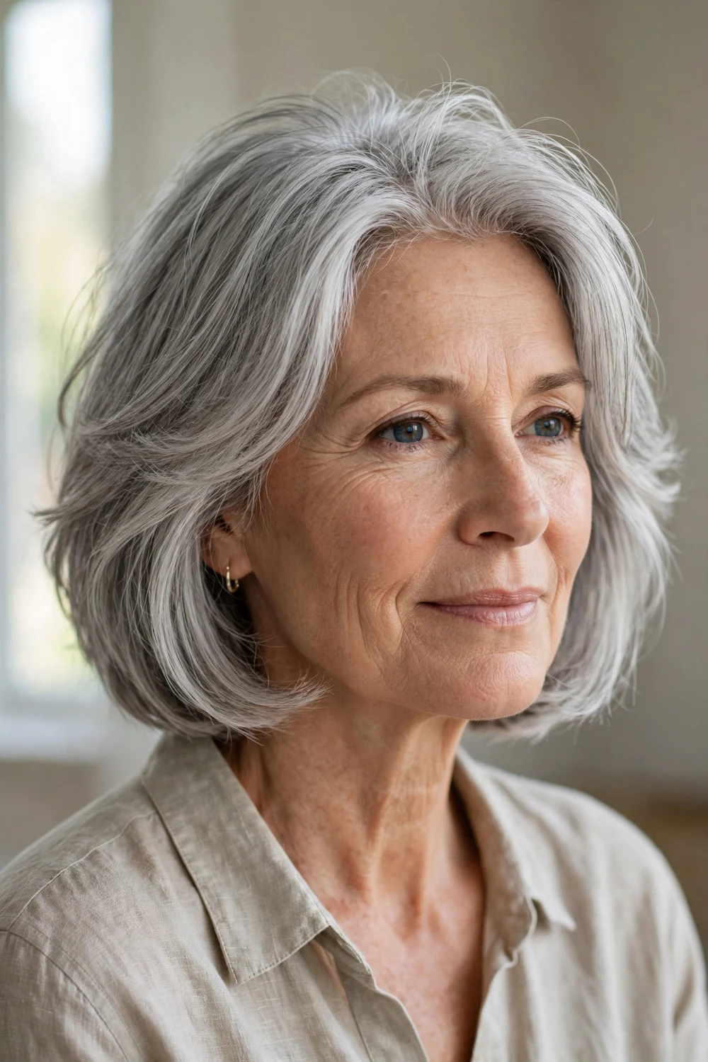 Silver chin length bob with soft layers for thin gray hair