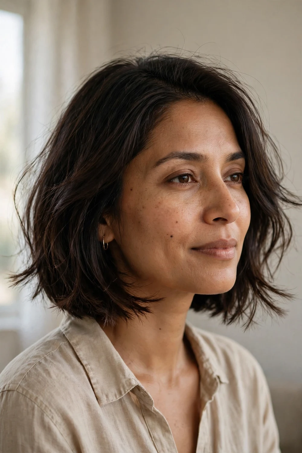 Sliced bob with soft feathered texture on thin hair