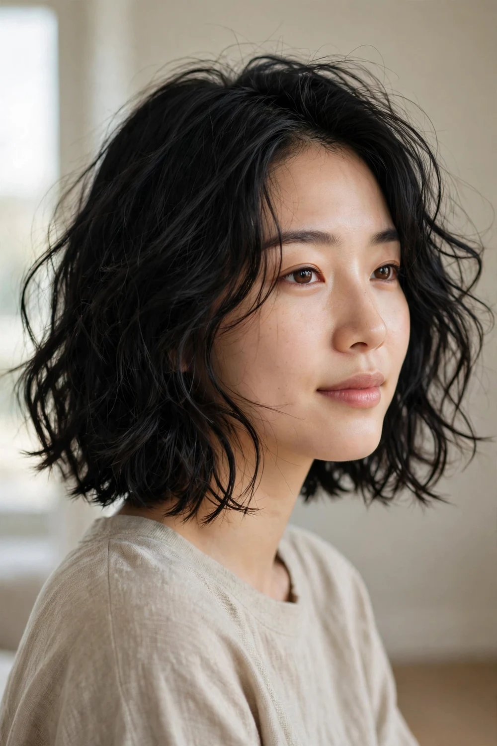 Tousled beach wave bob with casual texture on thin hair