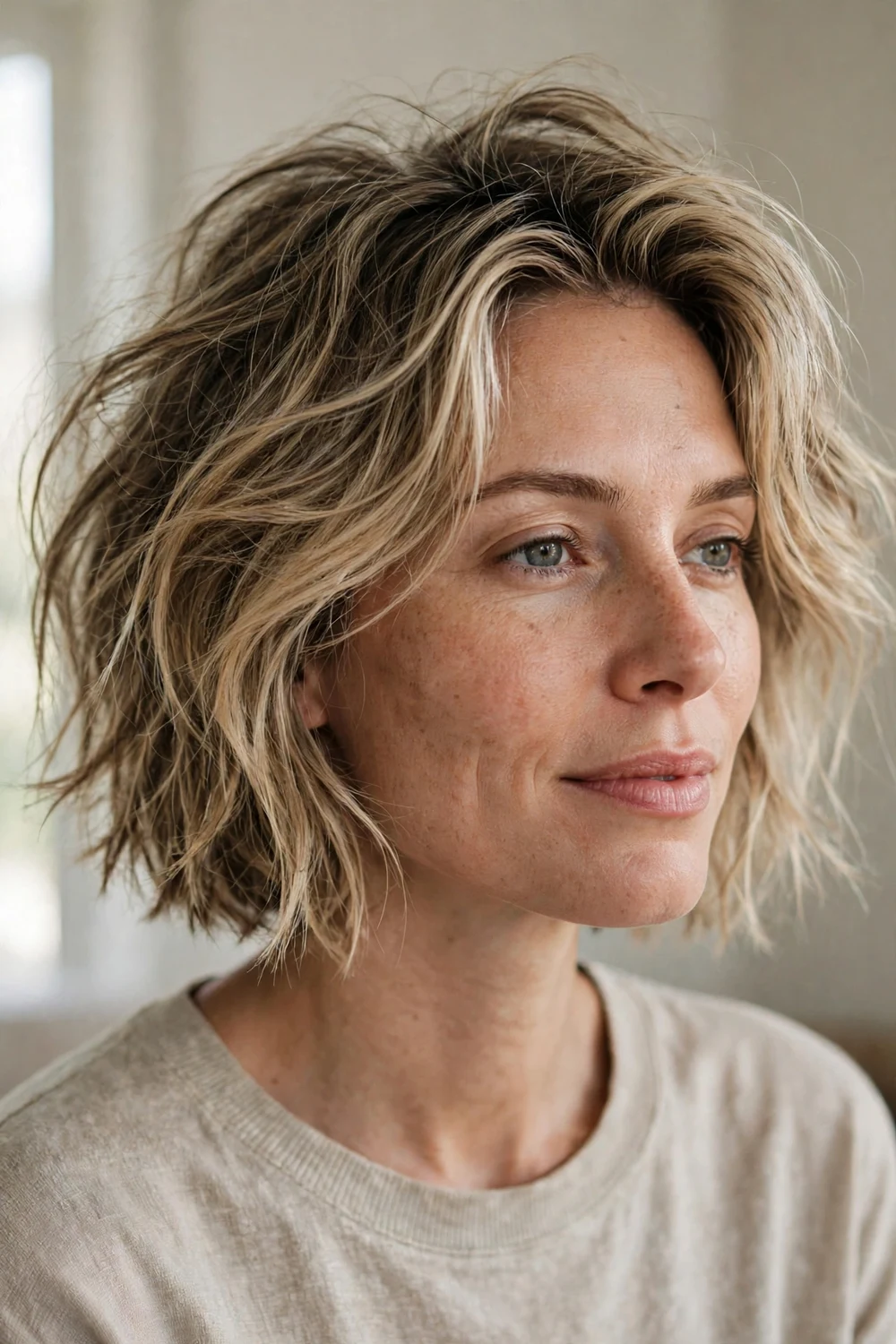 Undone tousled bob with lived-in texture for thin hair